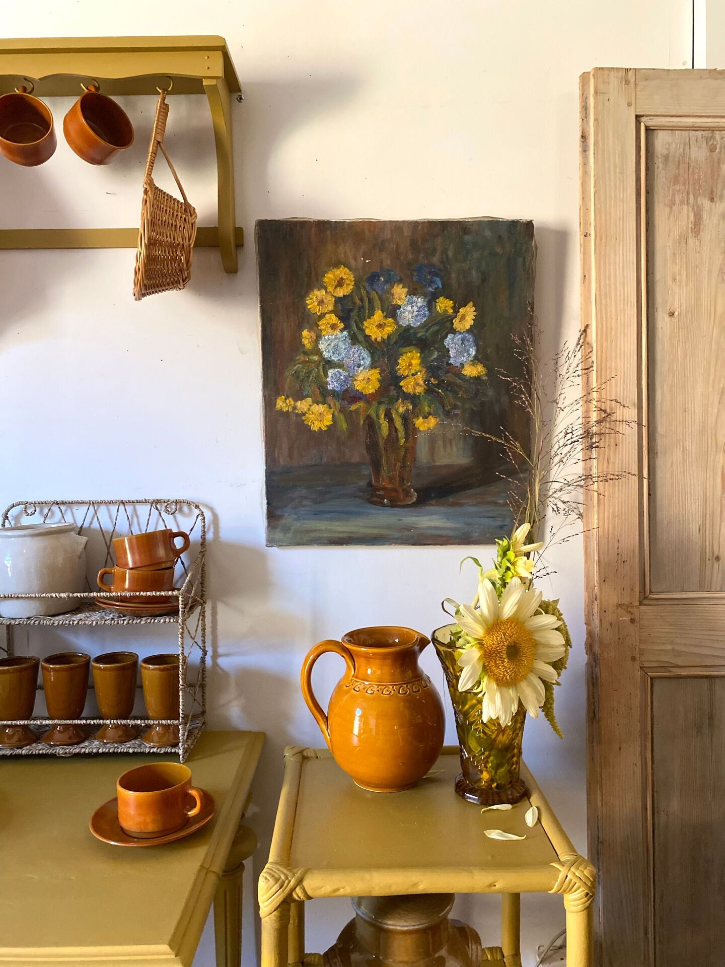 Oil on canvas, bouquet of yellow and blue flowers, mid-20th century.