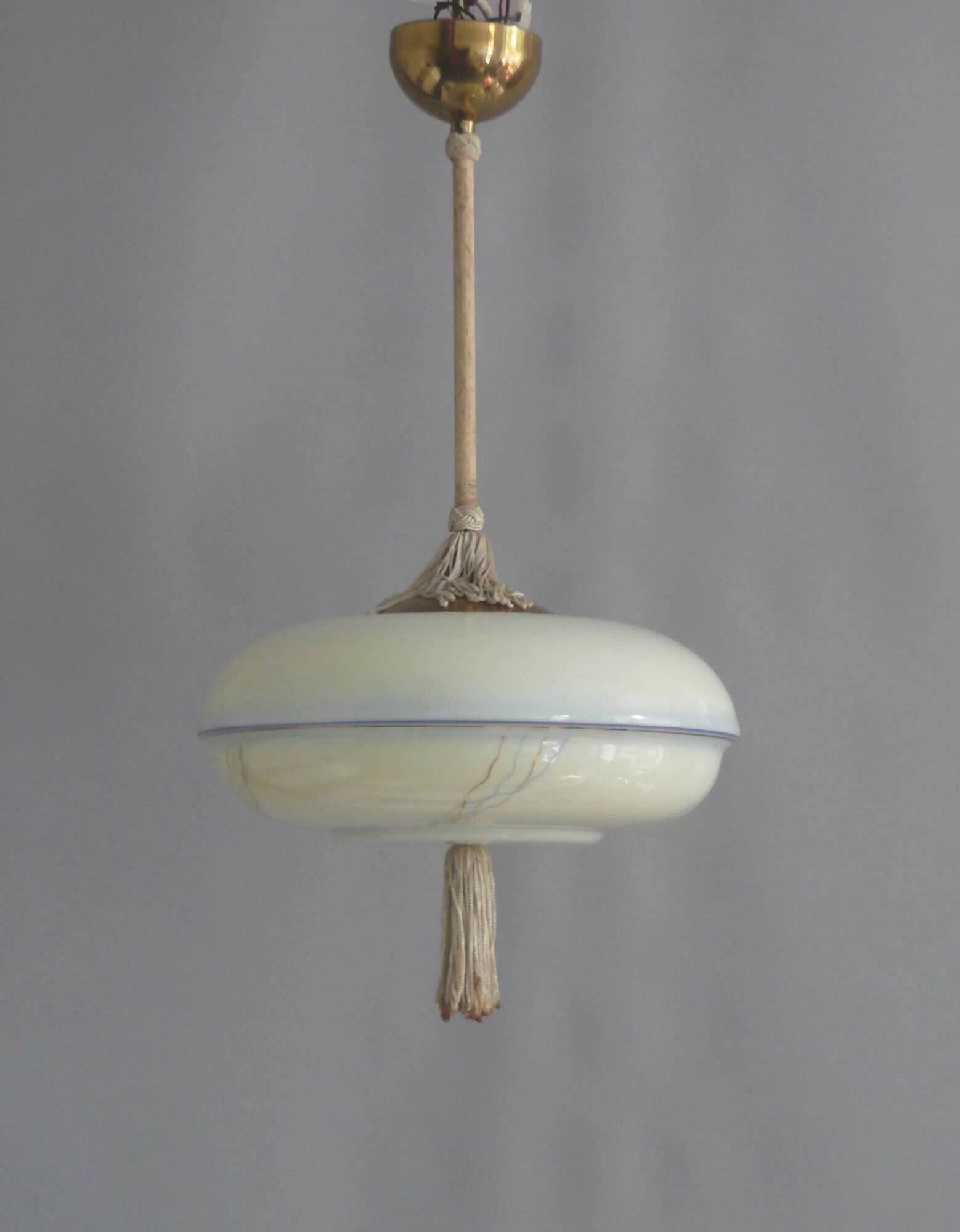 Art Deco rod pendant lamp with brass suspension and decorative glass shade