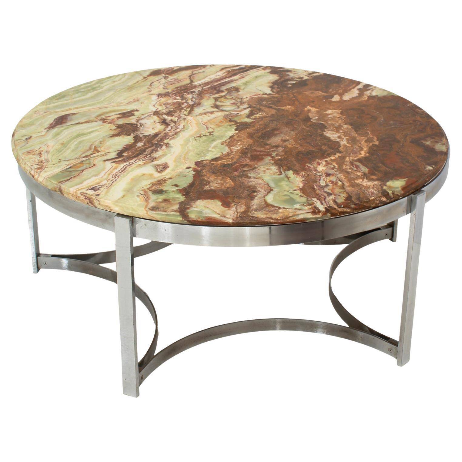 Mid-Century Modern Italian Round Coffee Table with Onyx Top and Sleek Steel Fram