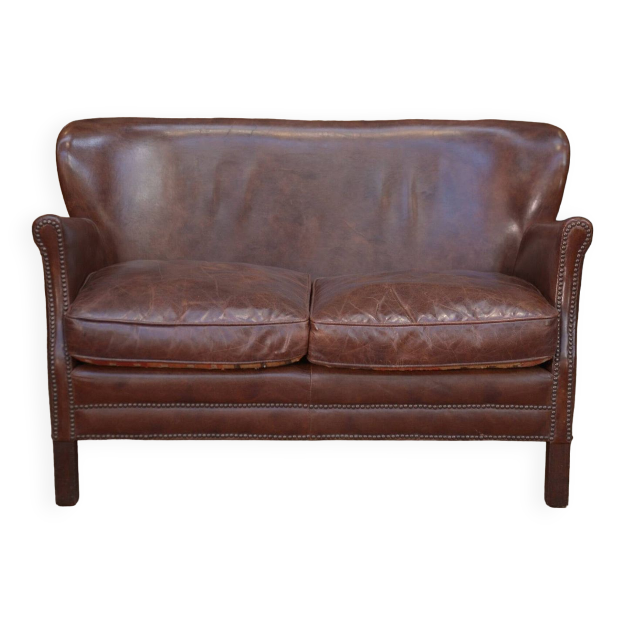 Small Vintage Bench Sofa Studded Leather Sofa 1970s