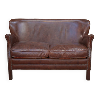 Small Vintage Bench Sofa Studded Leather Sofa 1970s