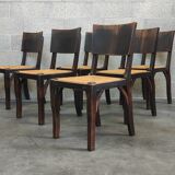 Suite of 6 chairs brutalist style straw and solid oak