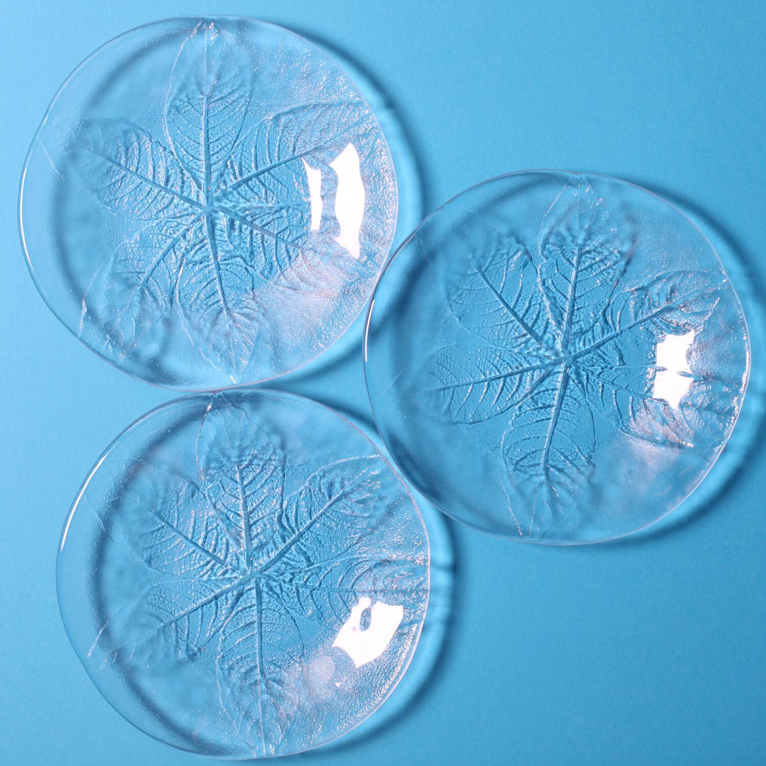 Set of 3 Vintage Kosta Boda Glass Dessert Plates / Scandinavian Leaf Design
