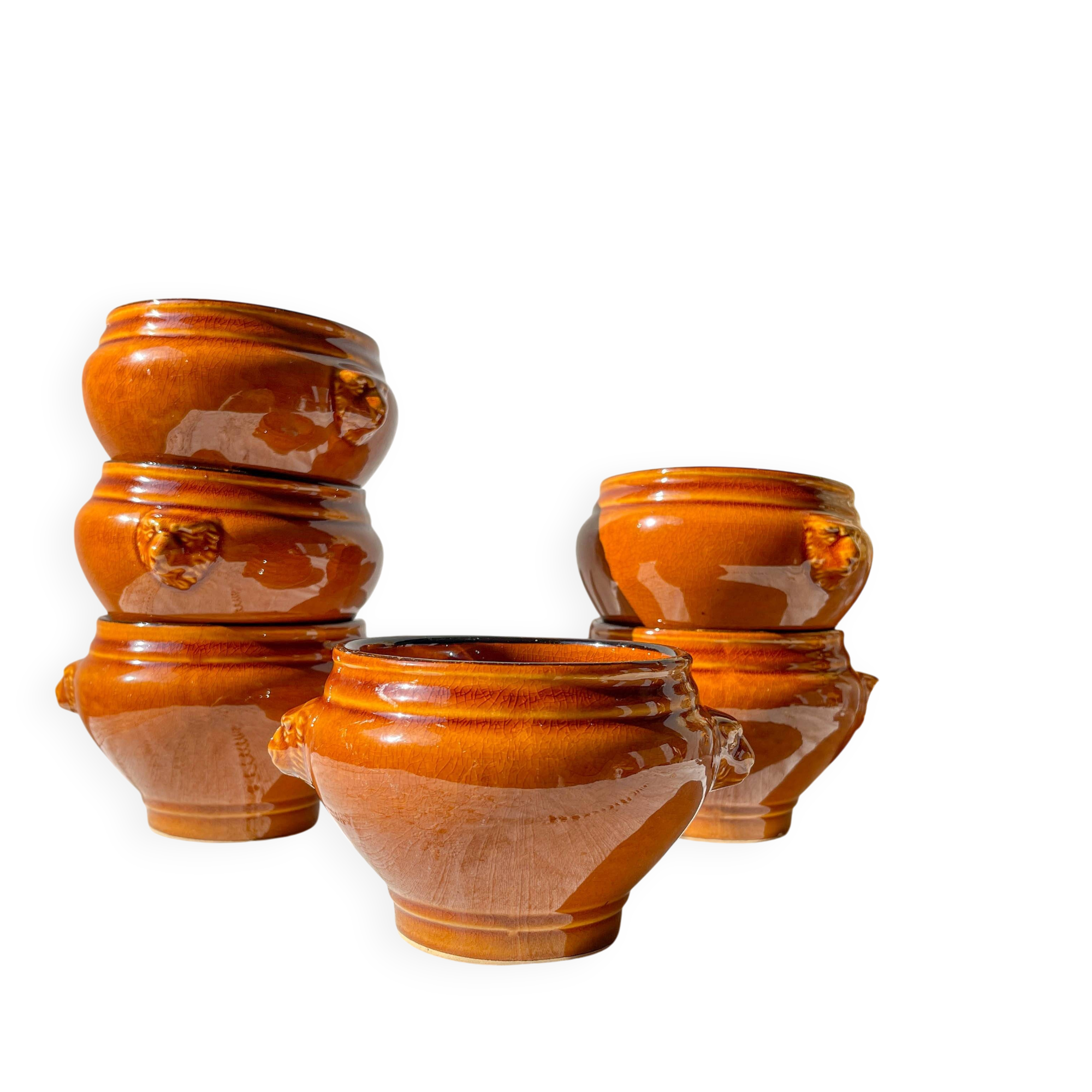 6 vintage ceramic lion head onion soup bowls in the Emile Henry style - honey and black, made in France - traditional elegance