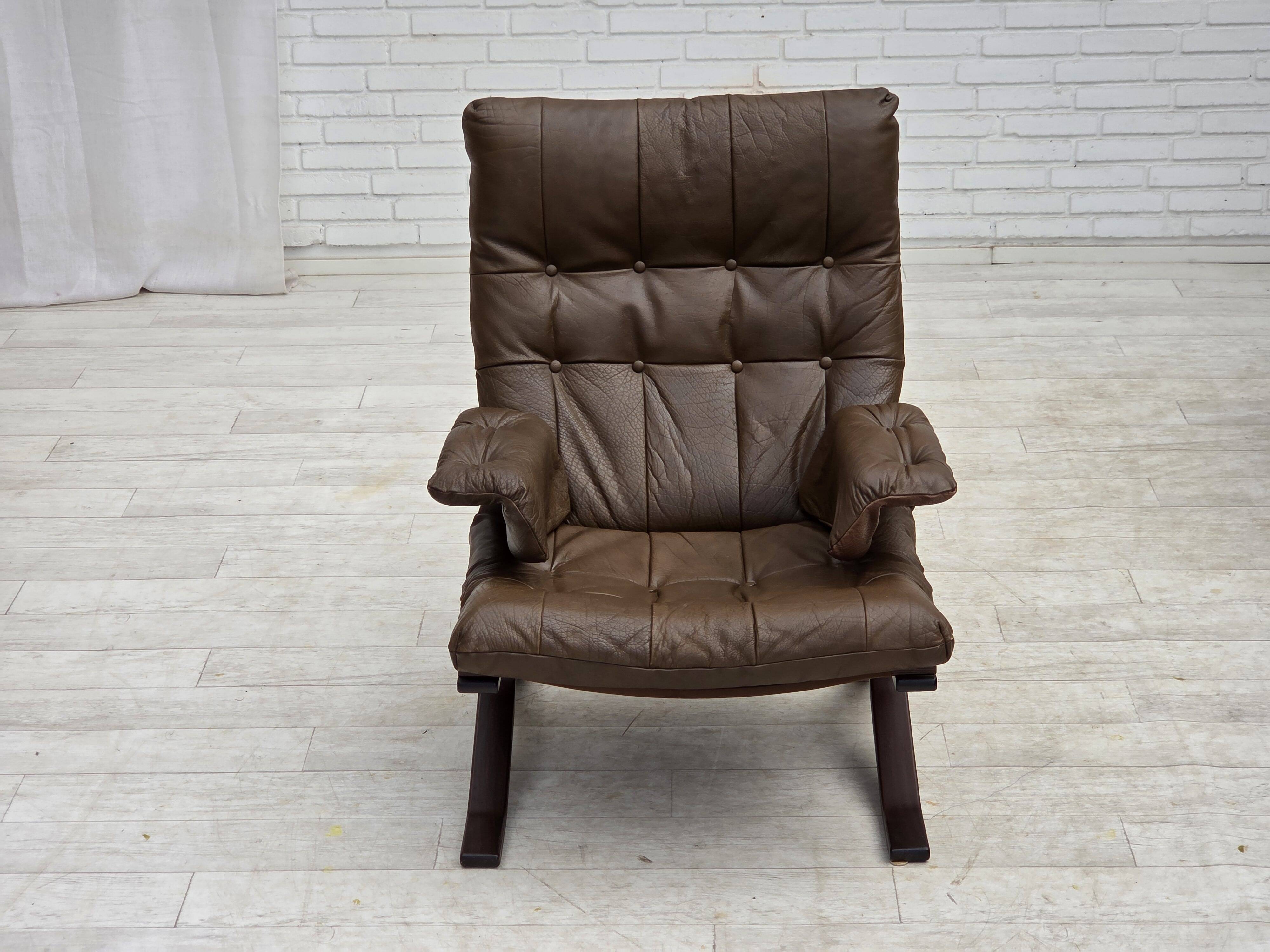Fauteuil en cuir de meuble marron, années 1970, design scandinave,