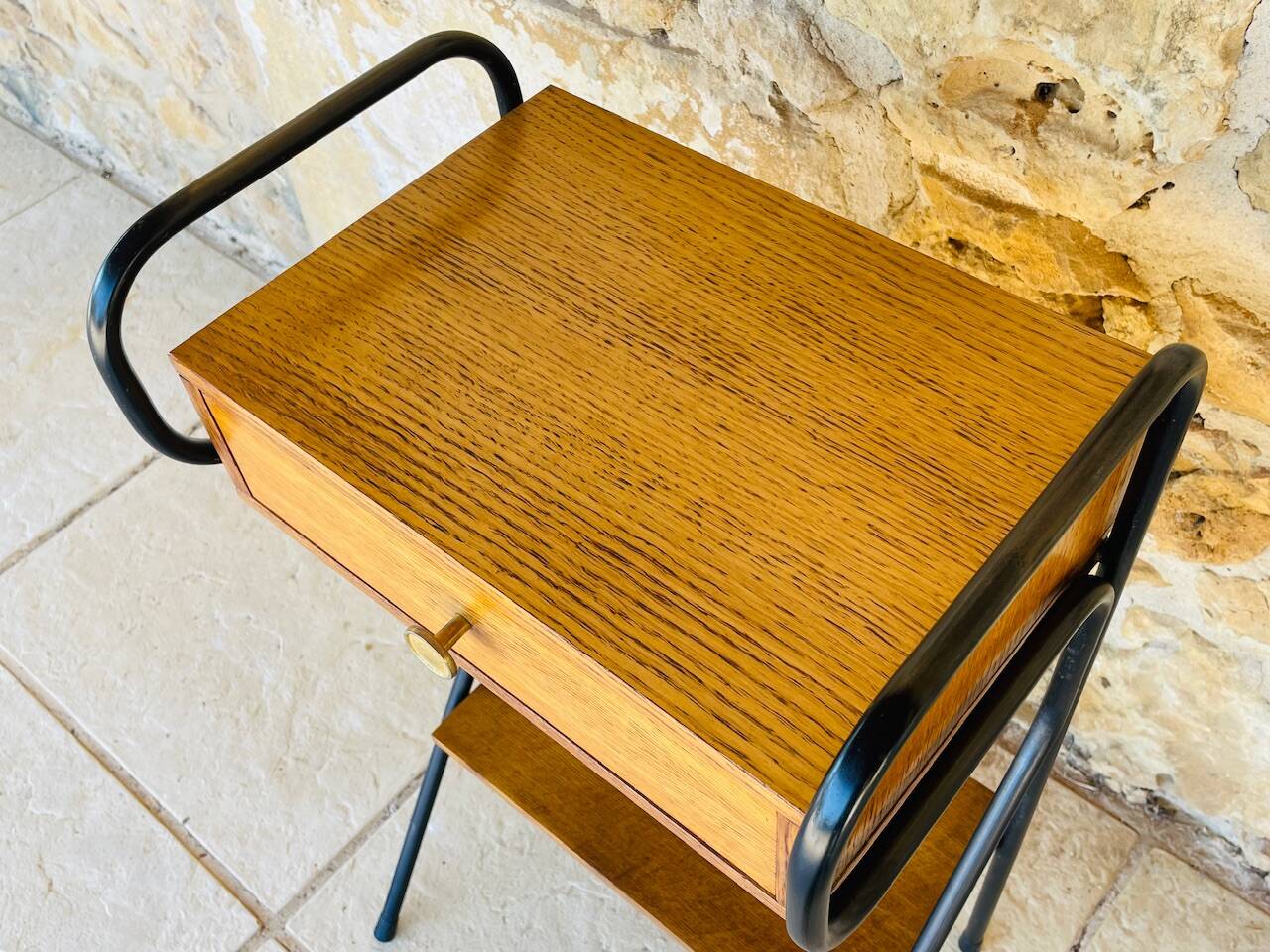 Vintage oak bedside table with black metal legs circa 50s/60s