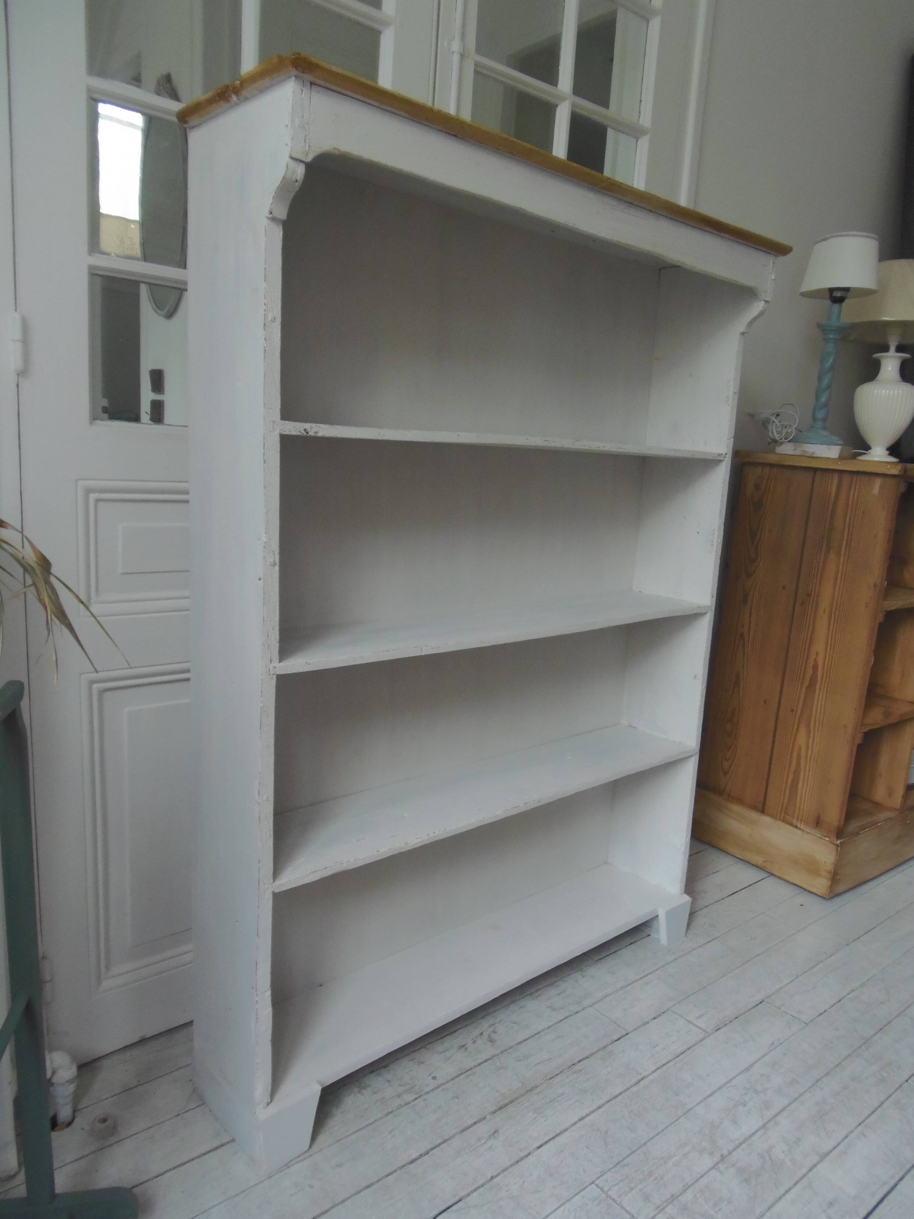 Bookcase in pearl grey waxed finish, light oak waxed top.