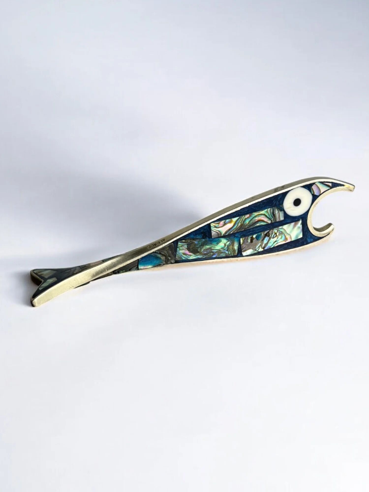 Fish bottle opener, abalone shell & alpaca, Mexico, 1980s
