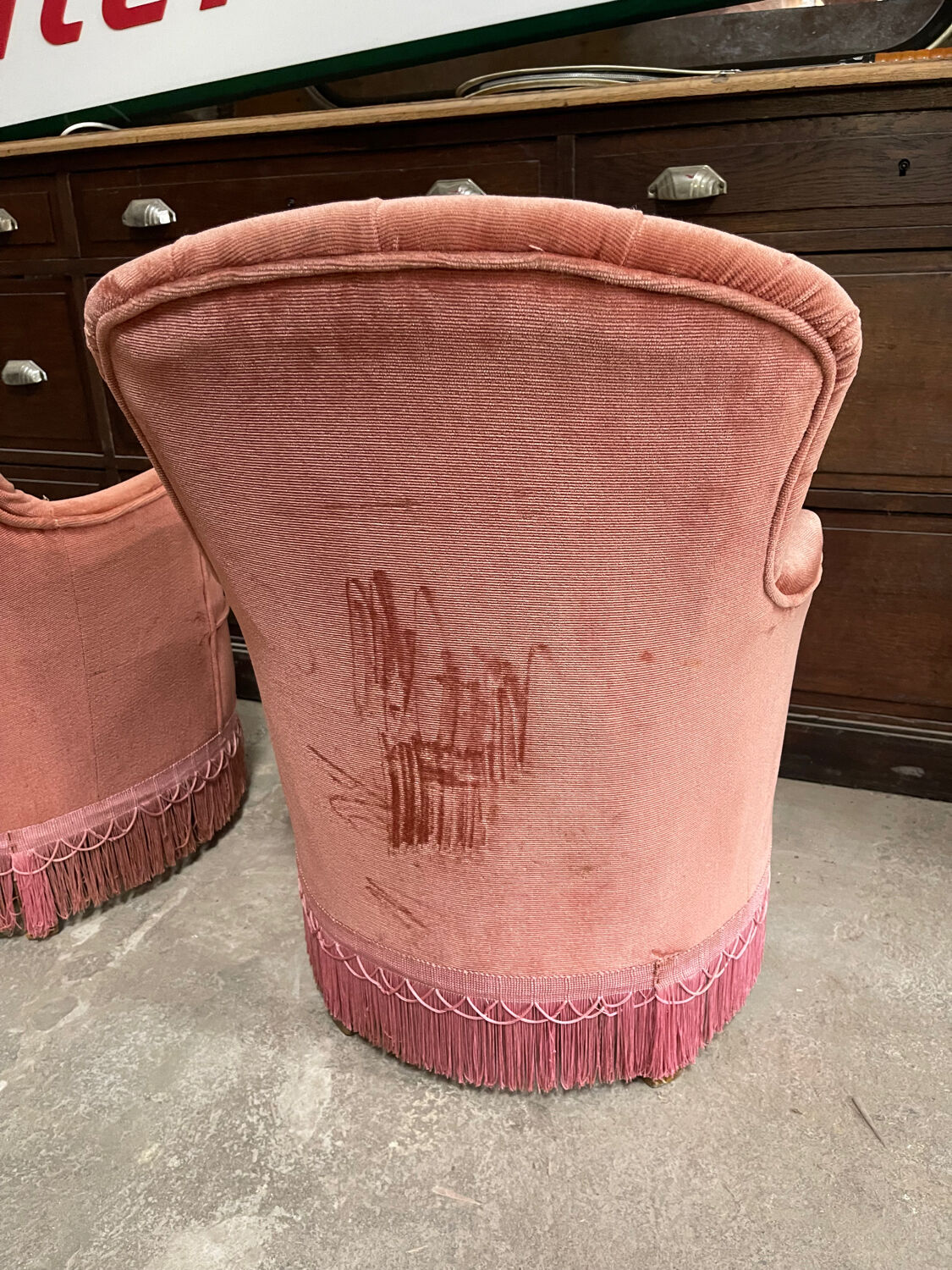 Pair of small powder pink toad armchairs