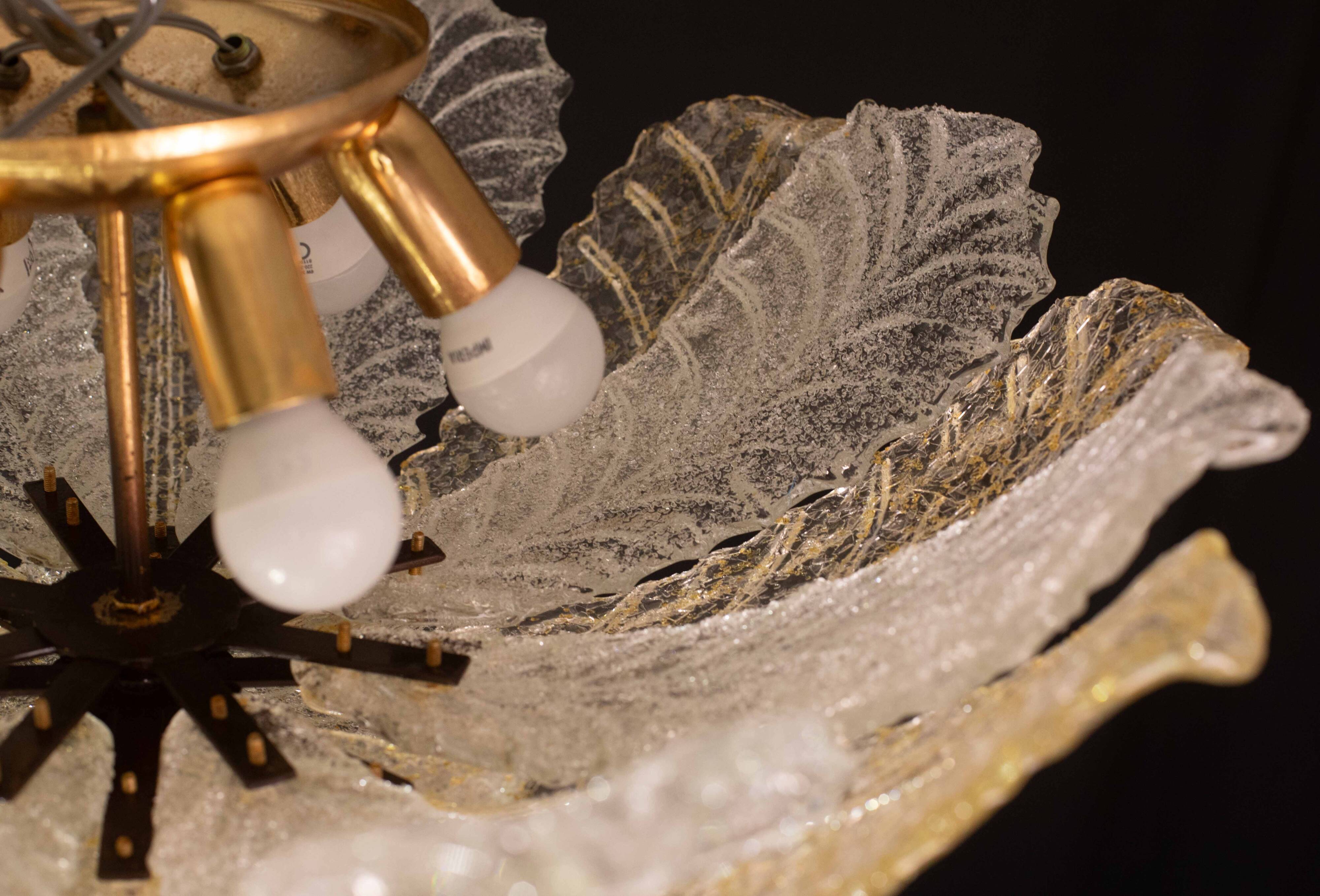 Murano Glass Gold and Transparent Leaves Chandelier or Flush Mount, 1970s