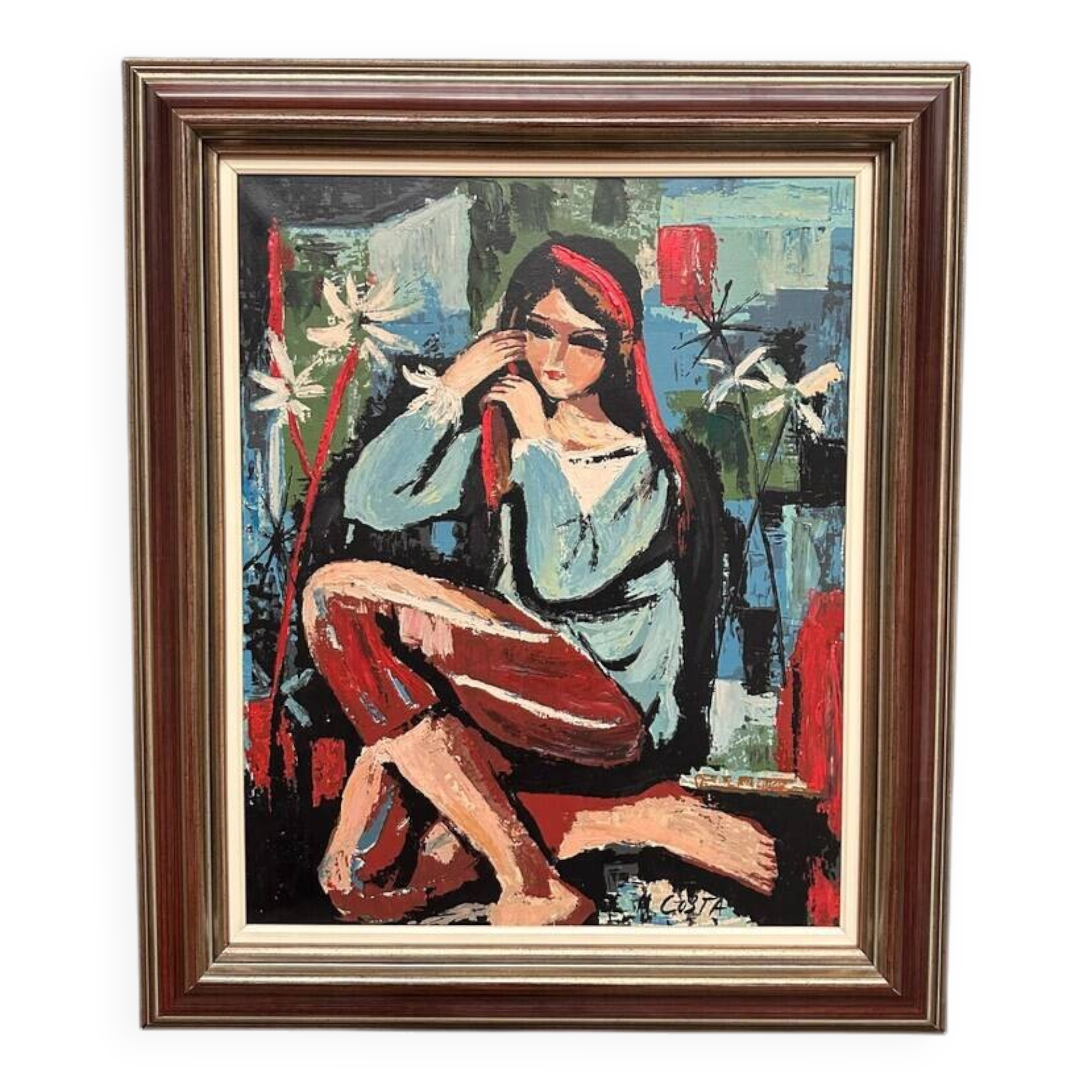 Original Swedish Oil on Canvas - "Portrait of a Young Woman" by M. Costa - Signed - Vintage and Framed - 82.5 × 67.3 cm
