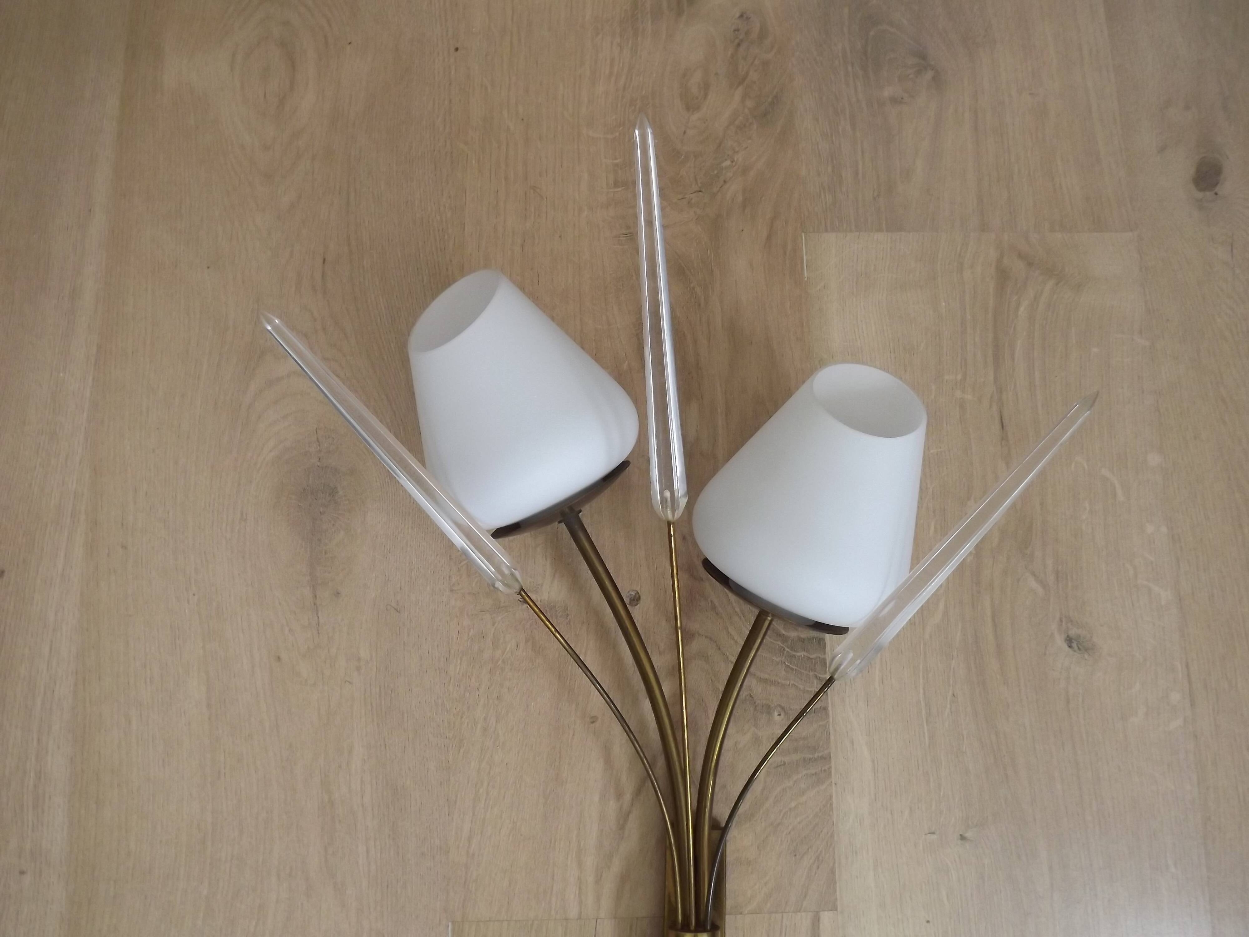 Mid-Century French Brass Sconces • Bullrush Design • Opaque Glass Shades