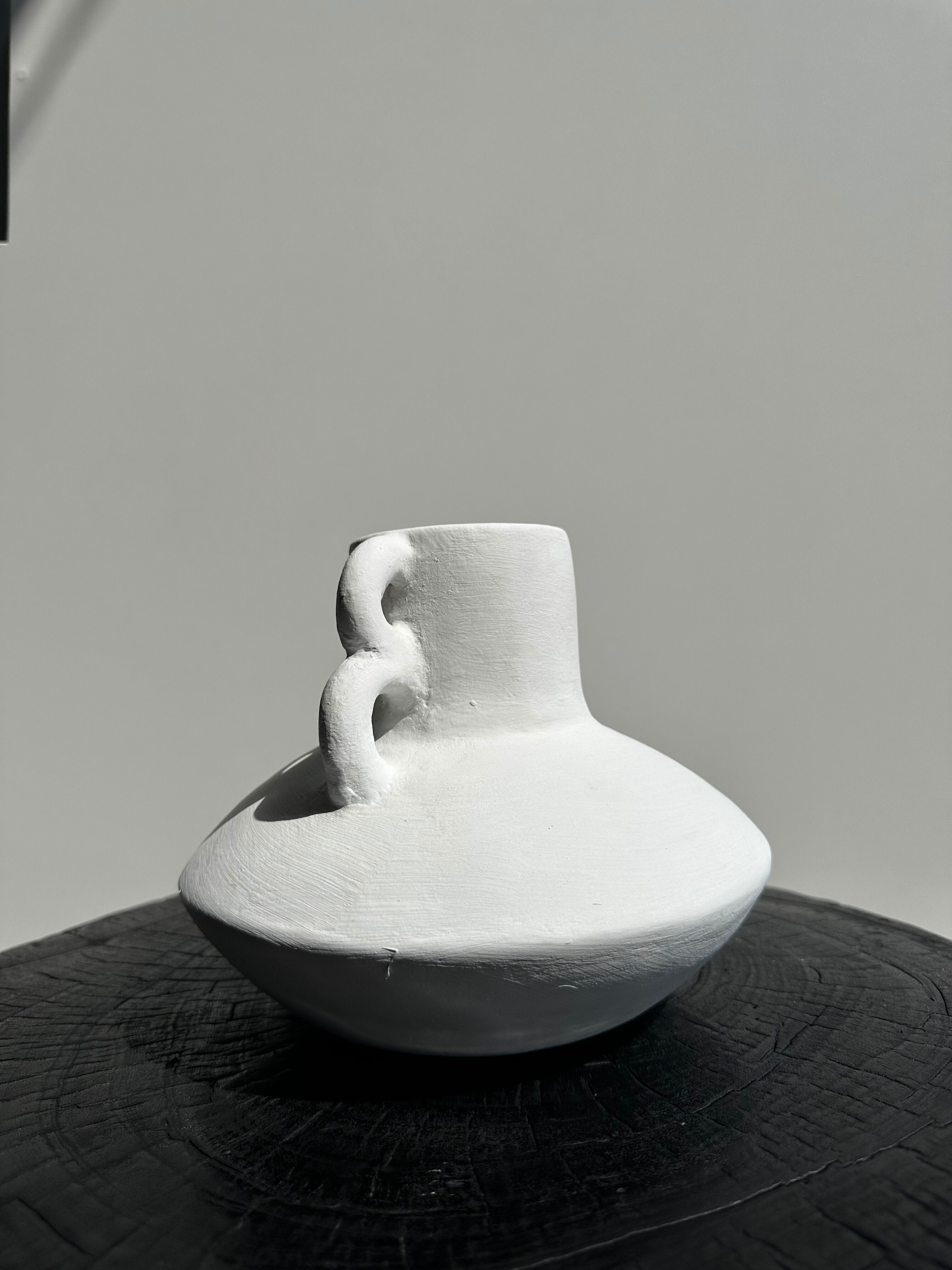 Handmade terracotta vase painted white with double handles H:16 D:20