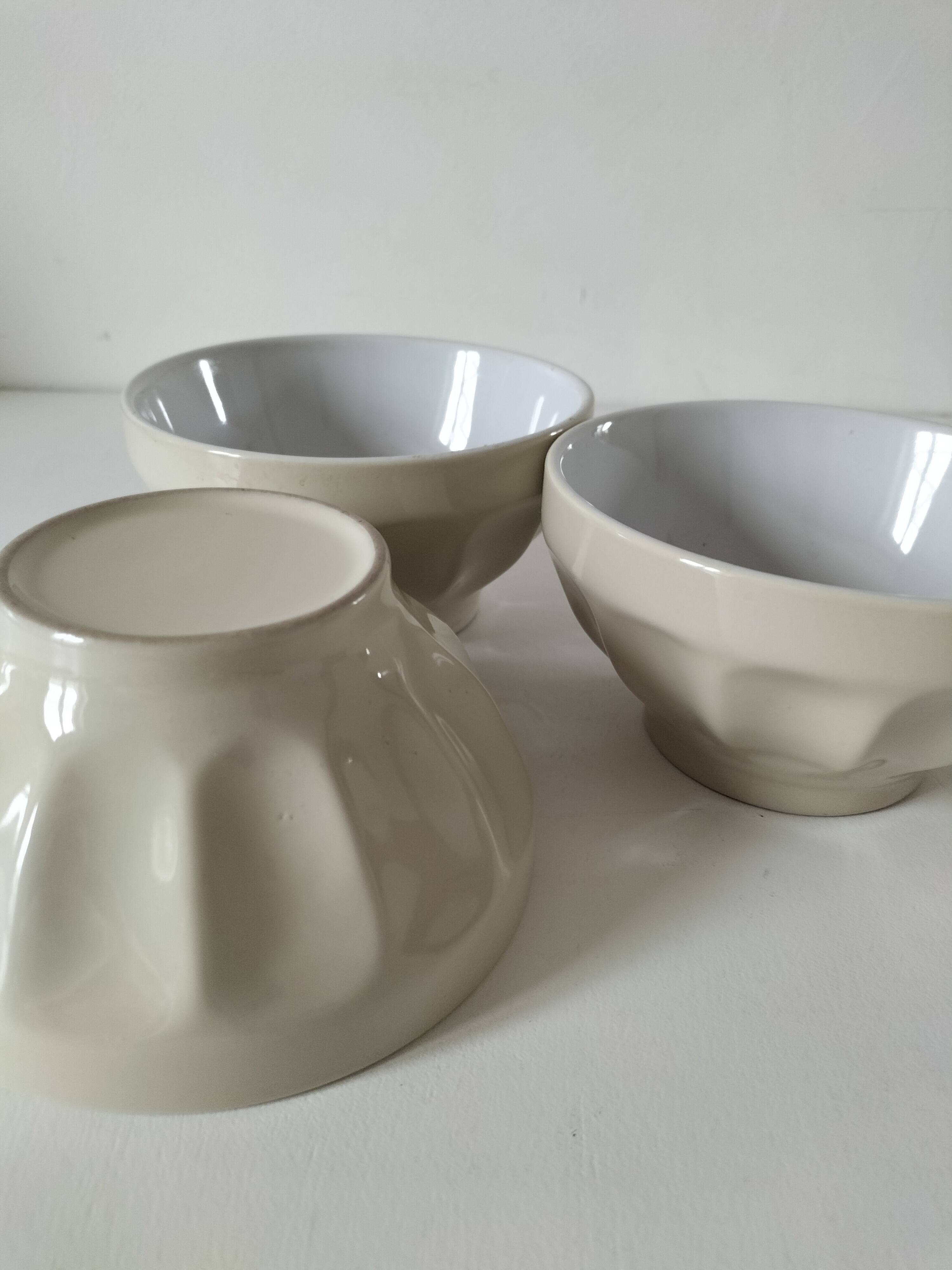Trio de bols de ferme beige facetté & intérieur blanc