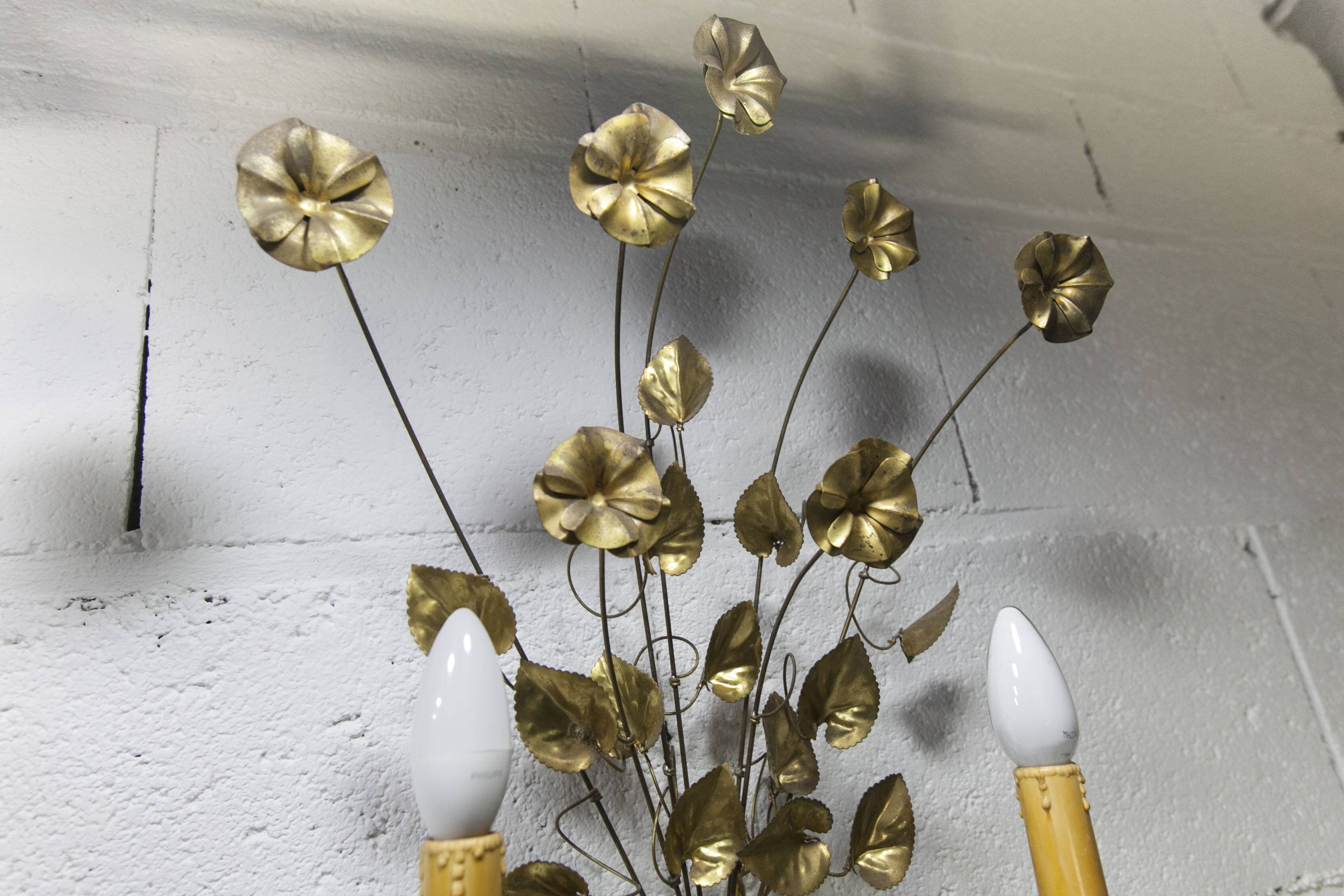 Pair of double flower bouquet sconces in brass 1960