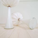 Pair of mid-century opaline glass table lamps with cotton shades by Bergboms, Sweden, 1960.
