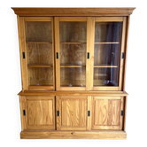 Large vintage display cabinet in solid pine with sliding doors, Country style.