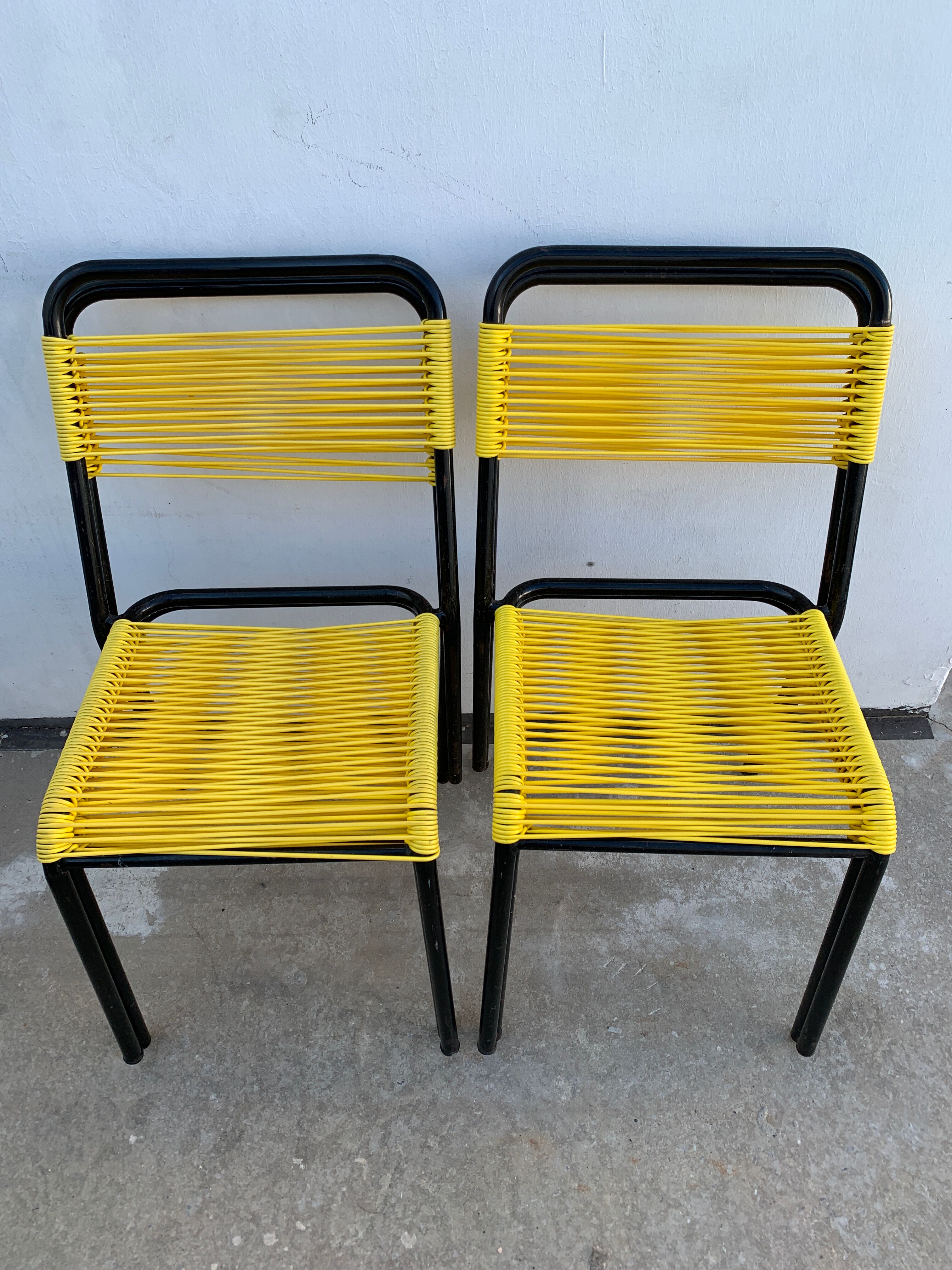 4 yellow scoubidou chairs, 1950