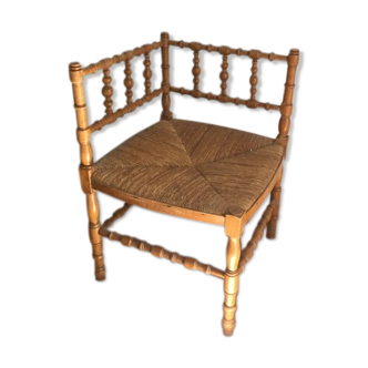 Turned wooden fire corner armchair, mulched seat