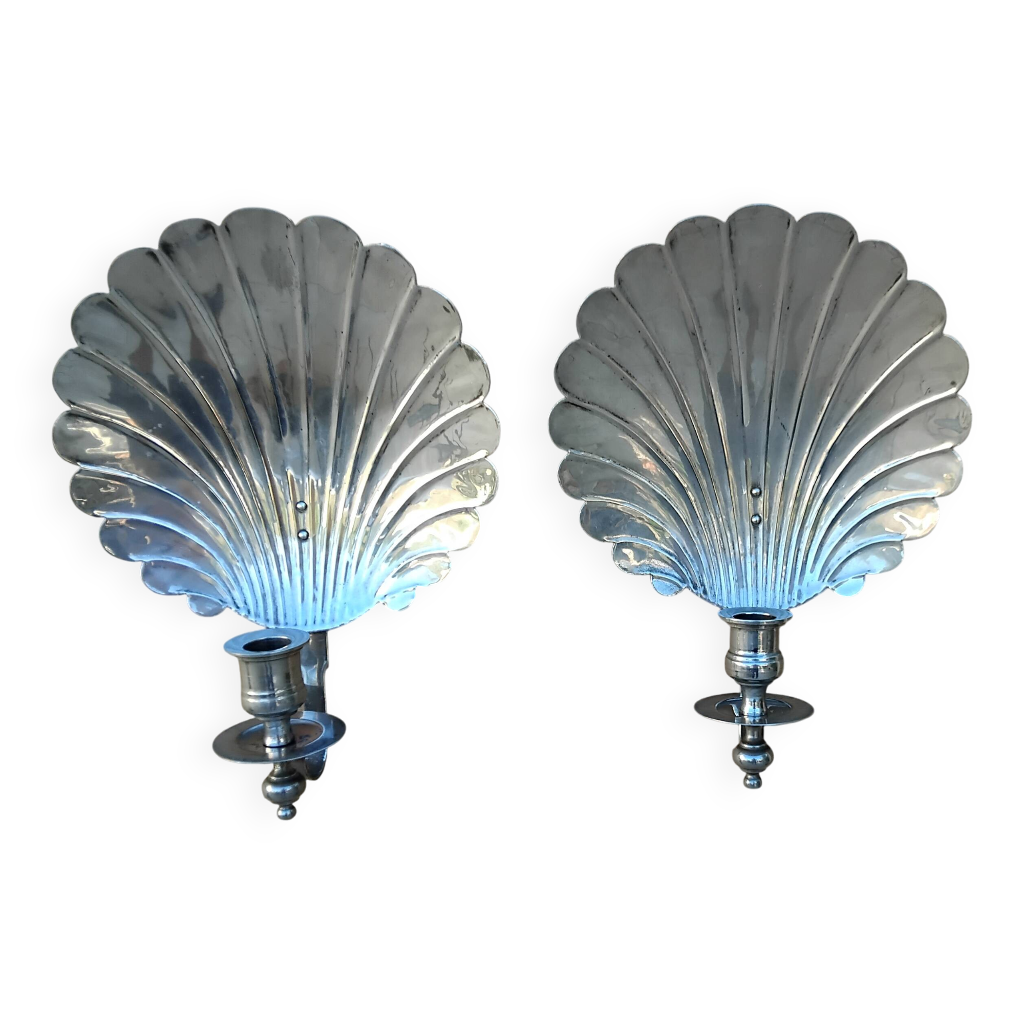 Pair of vintage silver-plated scallop shell wall candle holders