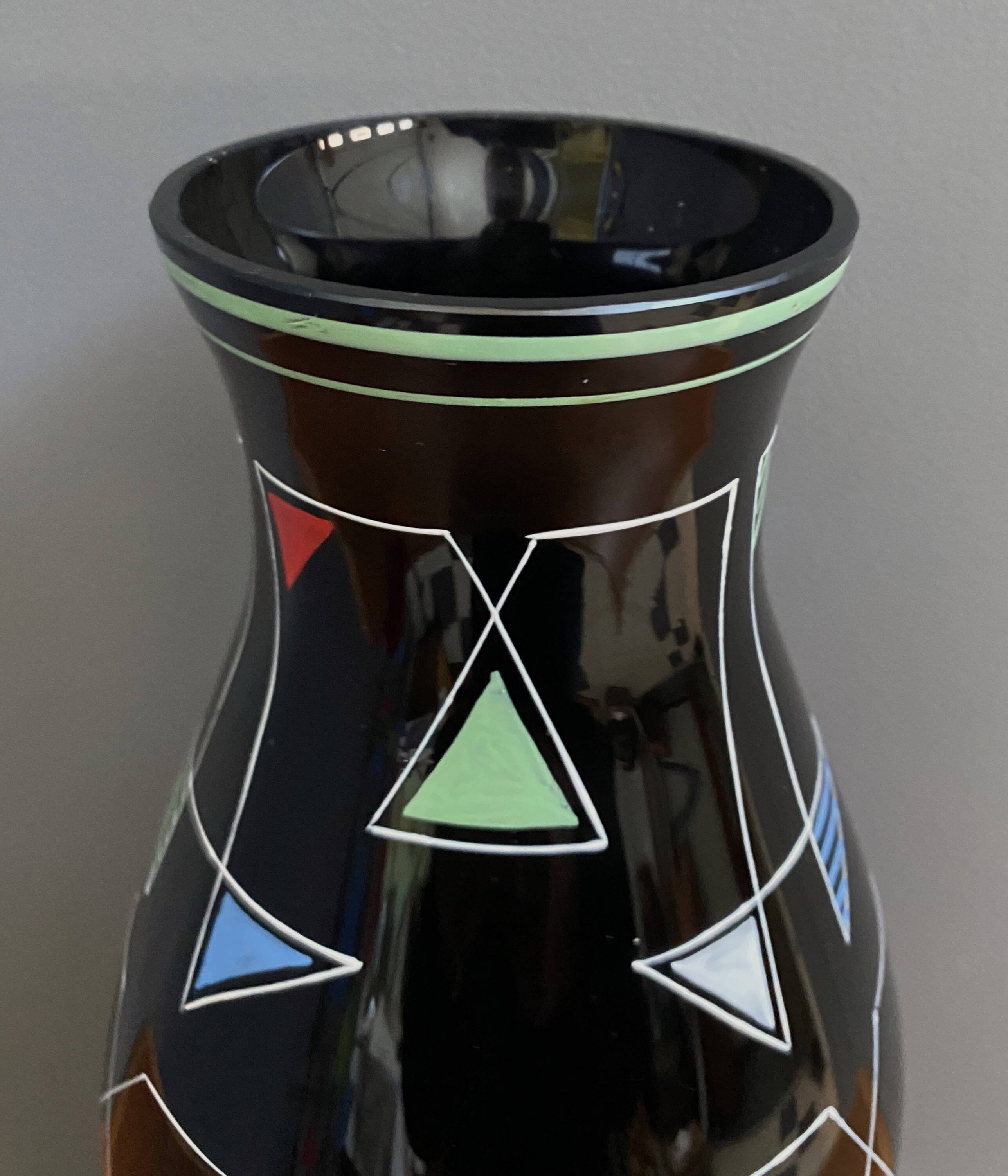 Black Glass vase with enamel decoration by VEB Wasungen 1970s