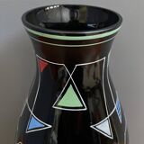 Black Glass vase with enamel decoration by VEB Wasungen 1970s