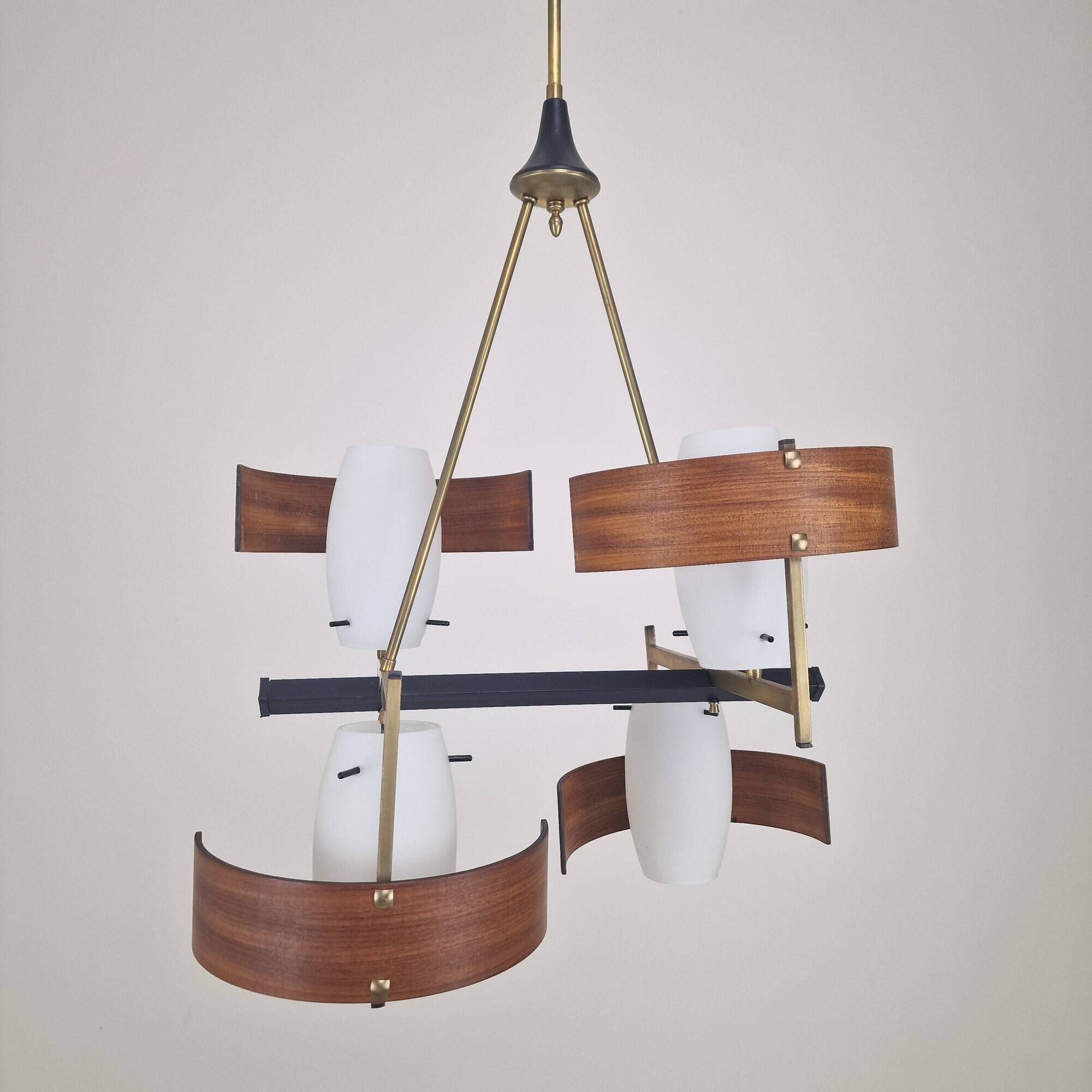 Italian Brass, Teak and Opaline Glass Chandelier by Stilnovo, 1960's