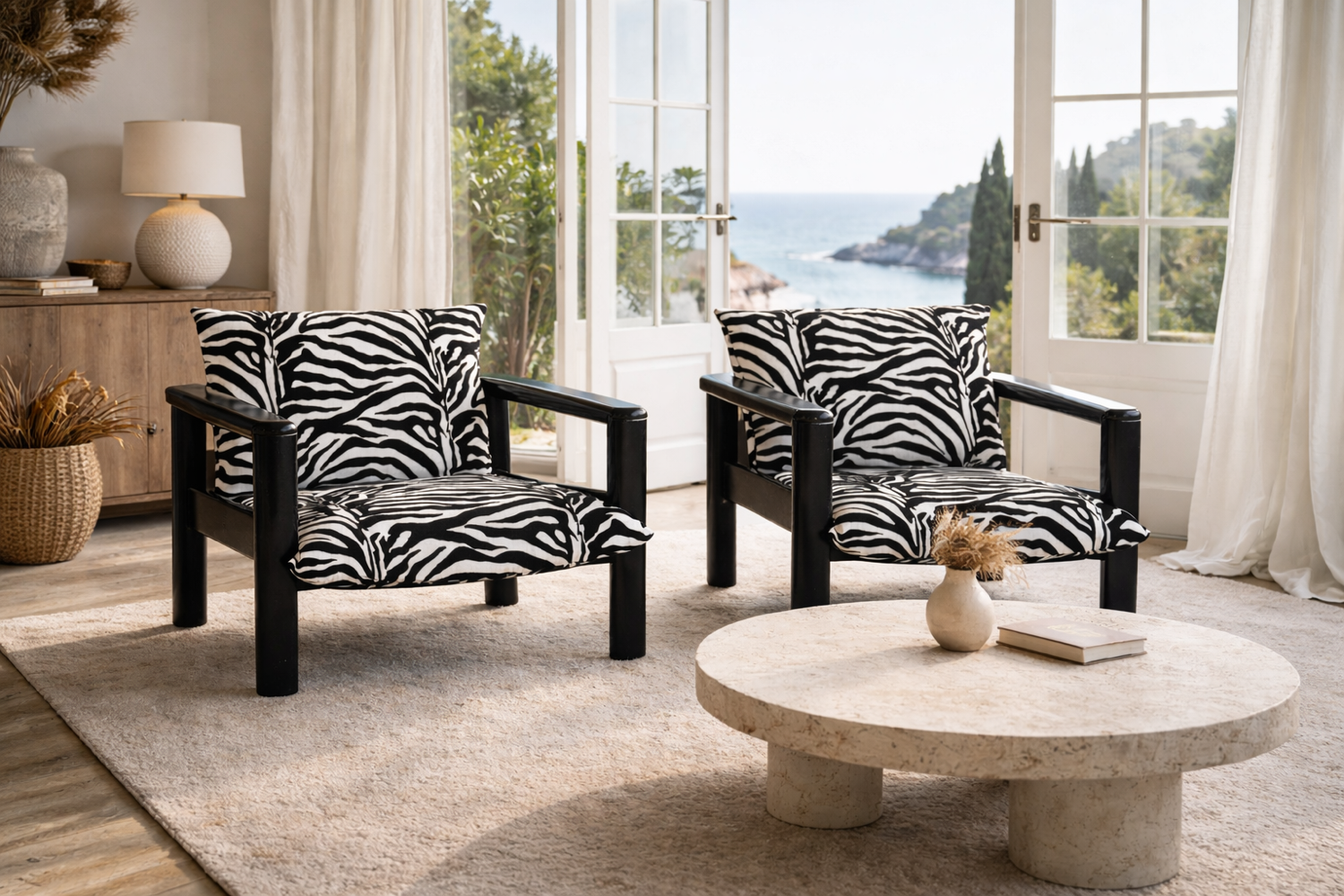 Pair of vintage zebra armchairs – 80s design spirit