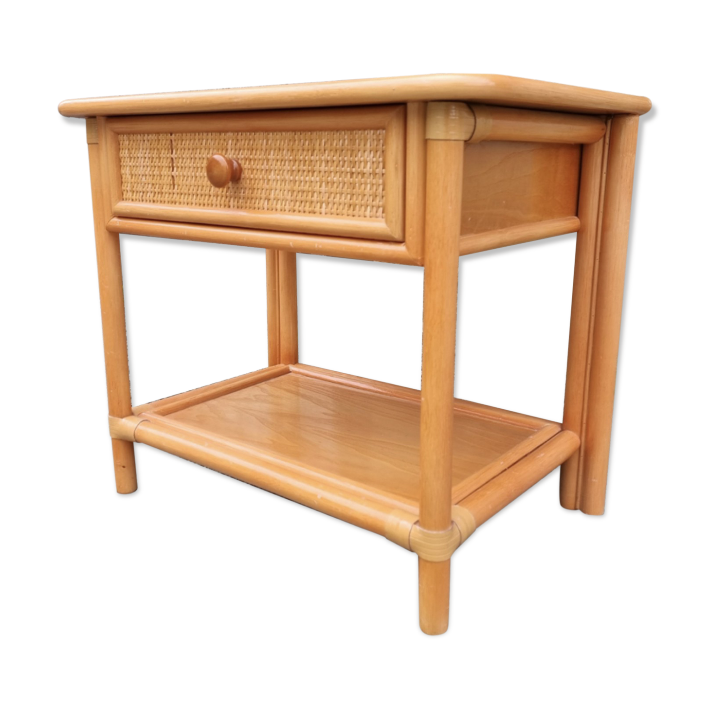 Maugrion bedside table for Roche Bobois, wood and rattan, 80s