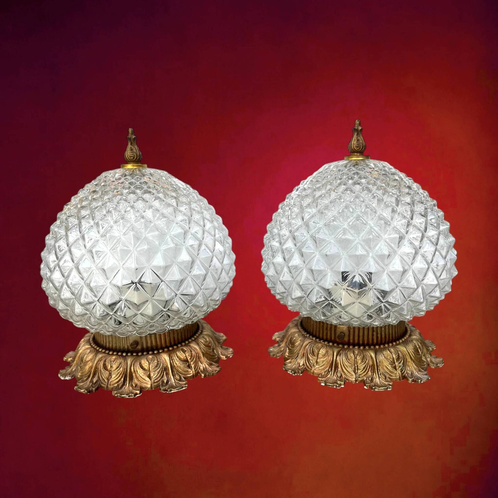 Pair of Massive Belgium ceiling lights in pressed glass and gold metal – late 1960s