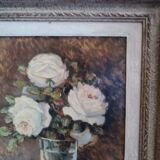 Oil on hardboard "Still life with bouquet of roses in a vase" anonymous Montparnasse frame