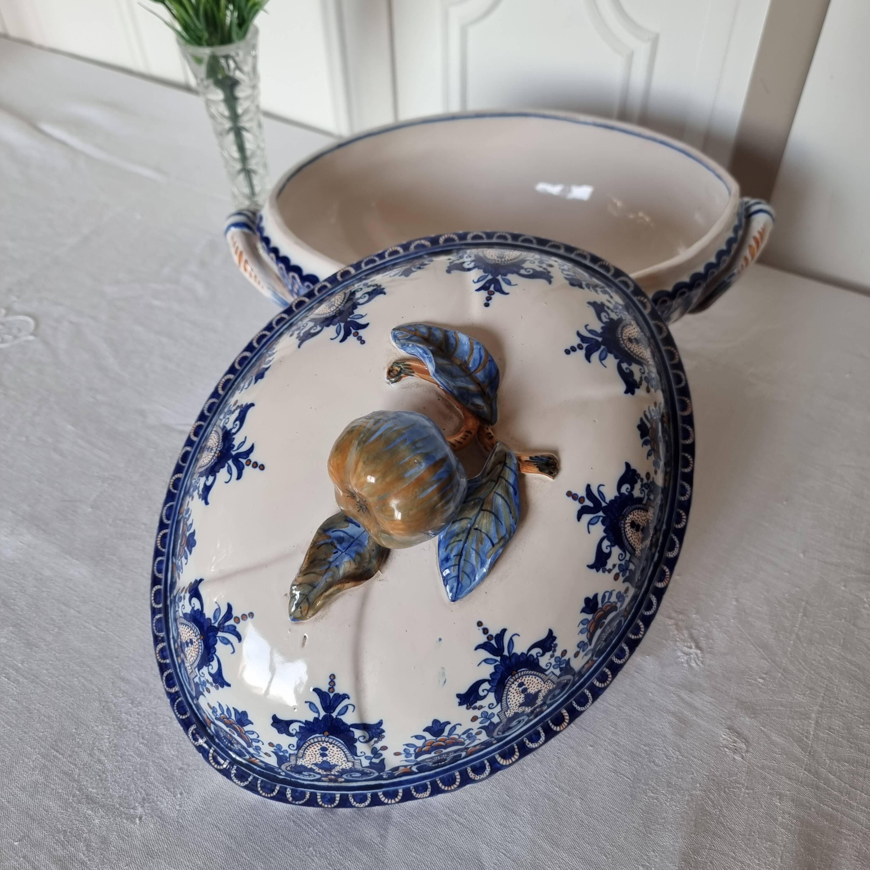 Antique earthenware tureen by Émile Tessier (1887-1971), Malicorne, France