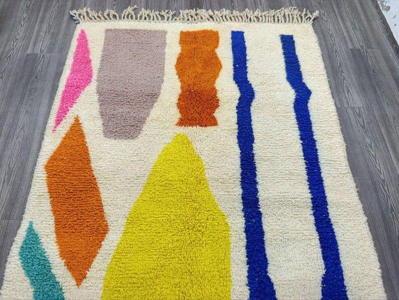 Blessed Moroccan Ourain rug, handwoven with colourful patterns, 150/250 cm.