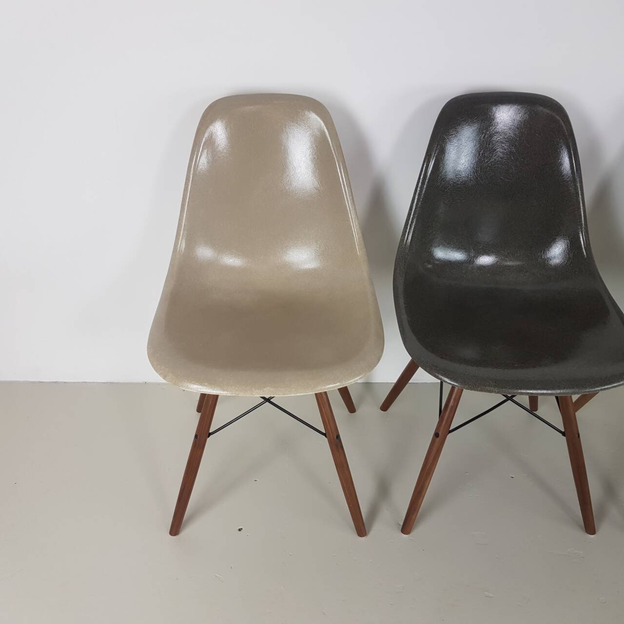 Eames Herman Miller DSW side chairs in light greige / elephant grey / seafoam green / black