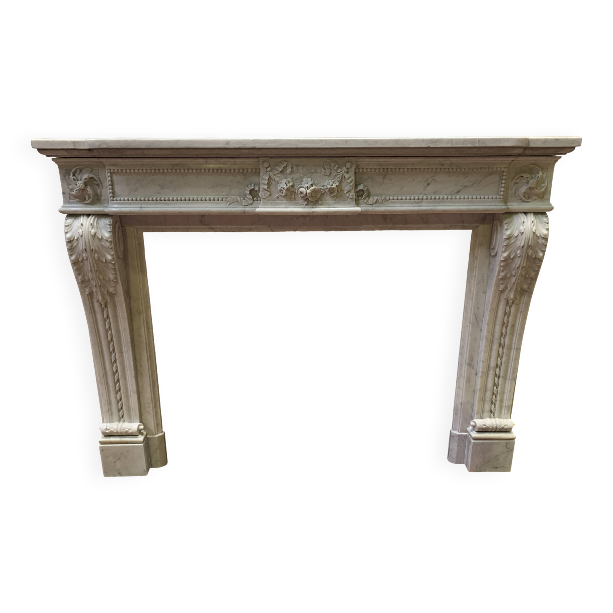 Louis XVI style fireplace in white Carrara marble, 19th century