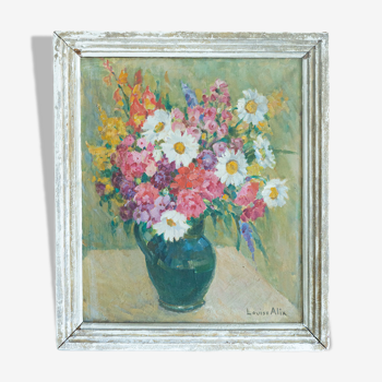 Large painting oil canvas signed Louis Alix still life flower bouquet