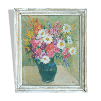 Large painting oil canvas signed Louis Alix still life flower bouquet