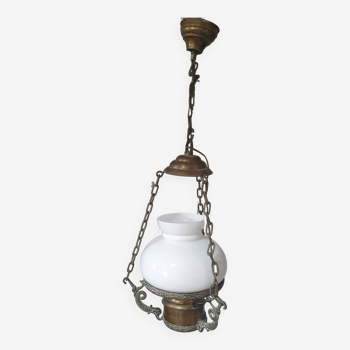 lustre suspension luminaire vintage metal et globe opaline