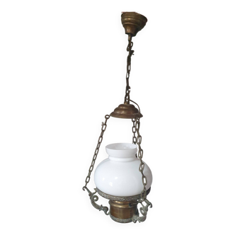 chandelier suspension light fixture vintage metal and opaline globe