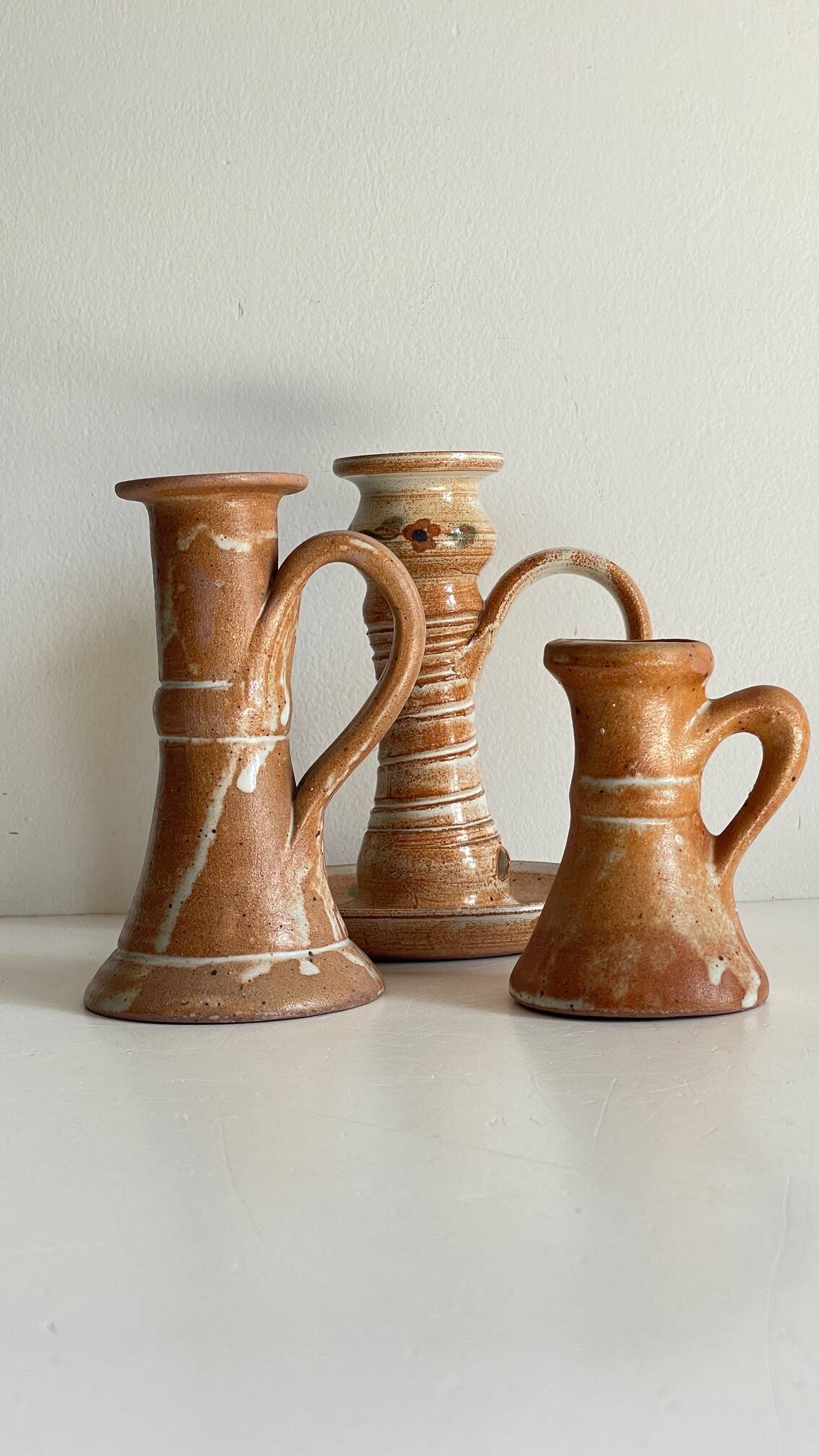 3 vintage handcrafted pottery candle holders