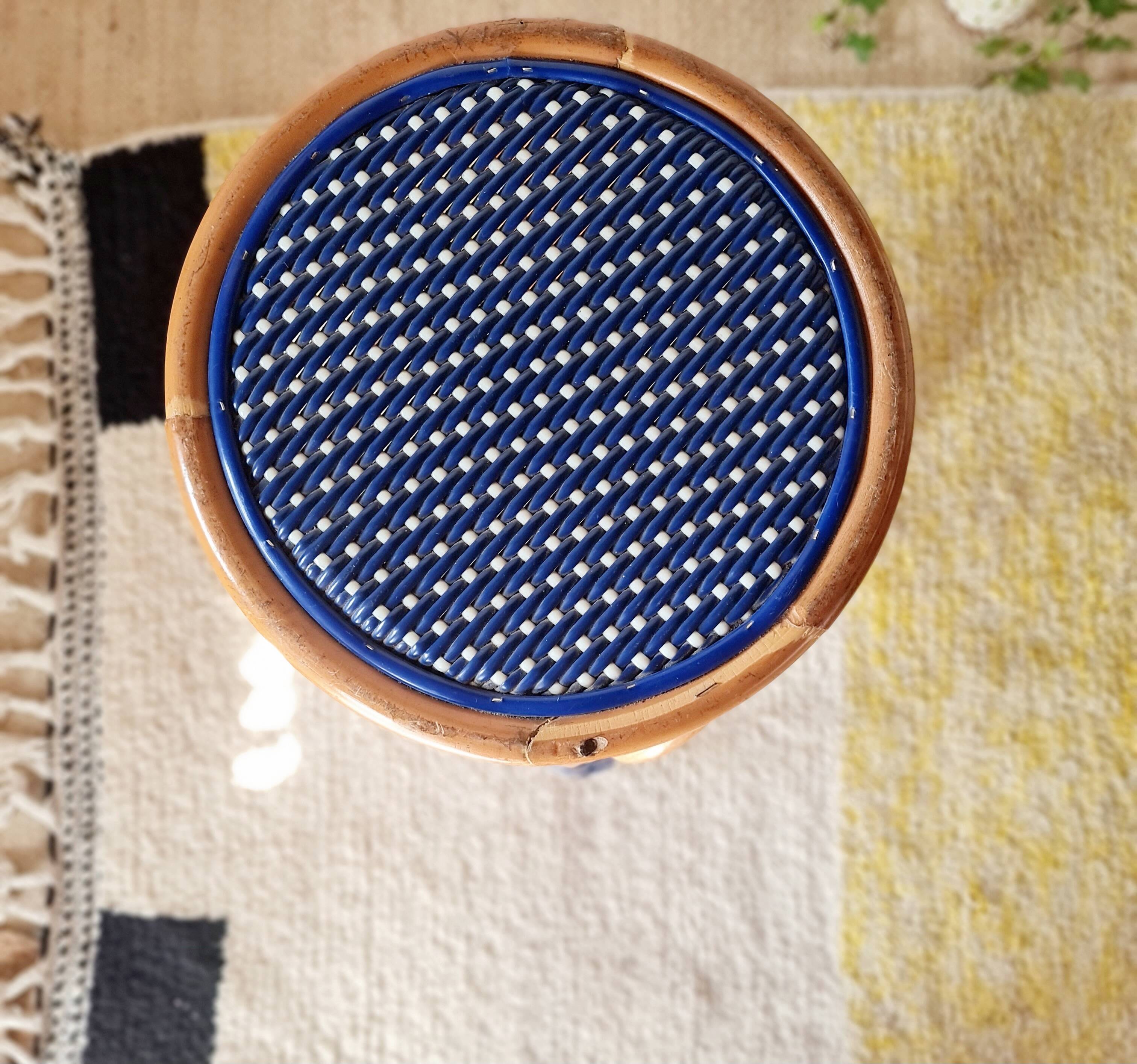 Vintage high stool Multicanne - Rattan & blue Rilsan - French