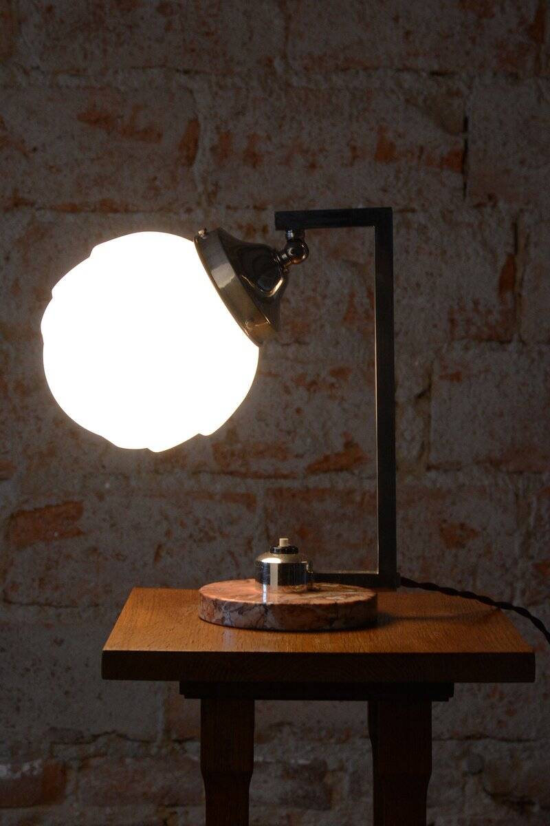 Bauhaus Table Lamp in Marble, Opaline Glass, and Chrome, France, 1920s