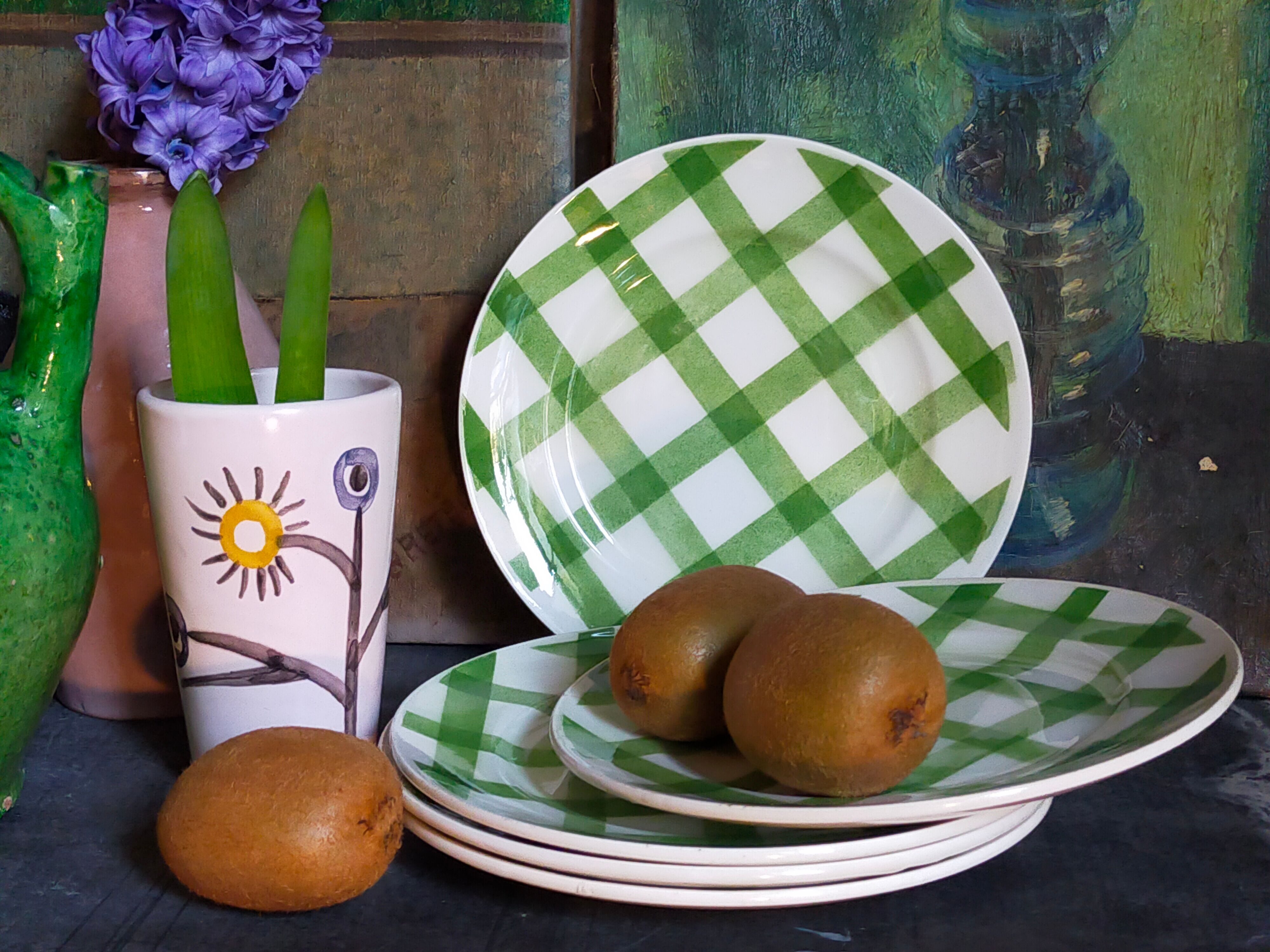 Five dessert plates Orchis-Moulin des Loups vintage checkered décor