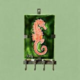 Small glazed ceramic seahorse wall plaque - key ring