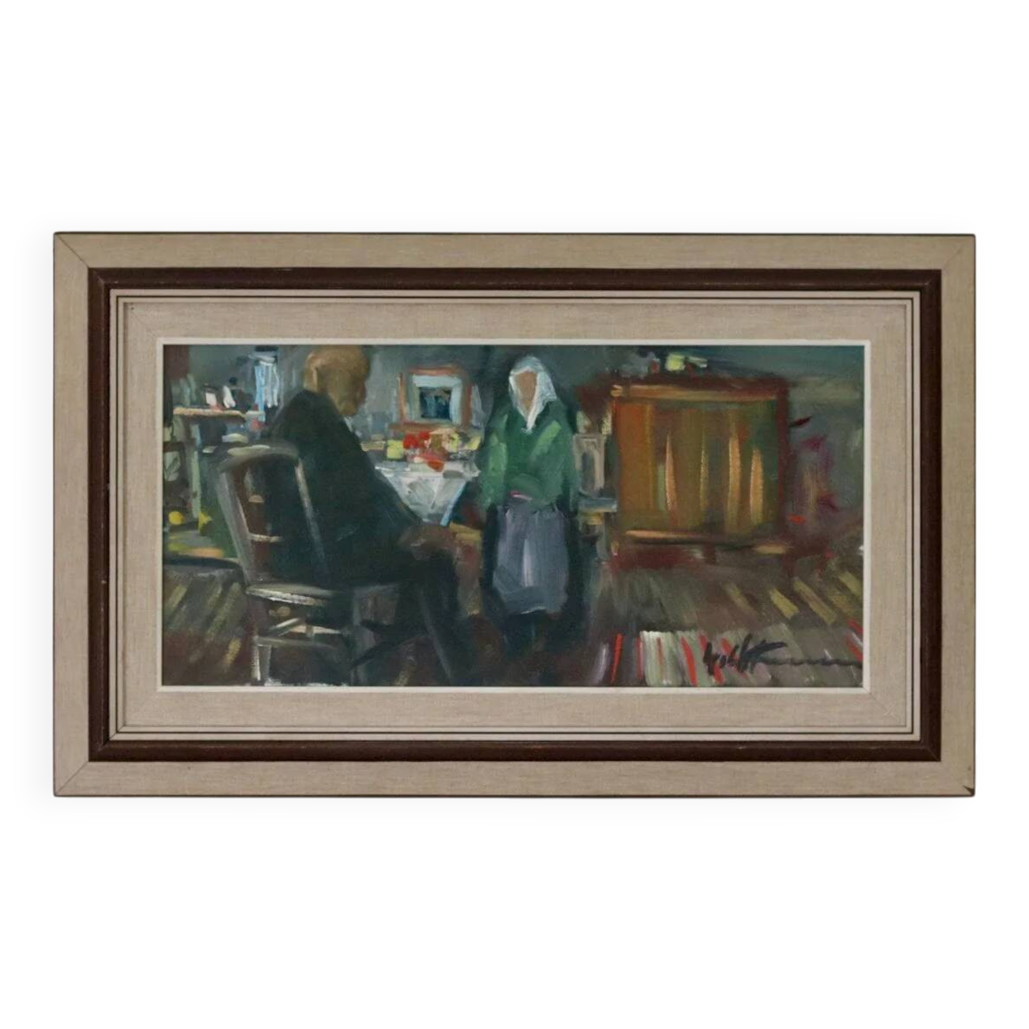 Huile sur toile suédoise originale – « Deux personnages à une table »