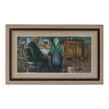 Huile sur toile suédoise originale – « Deux personnages à une table »