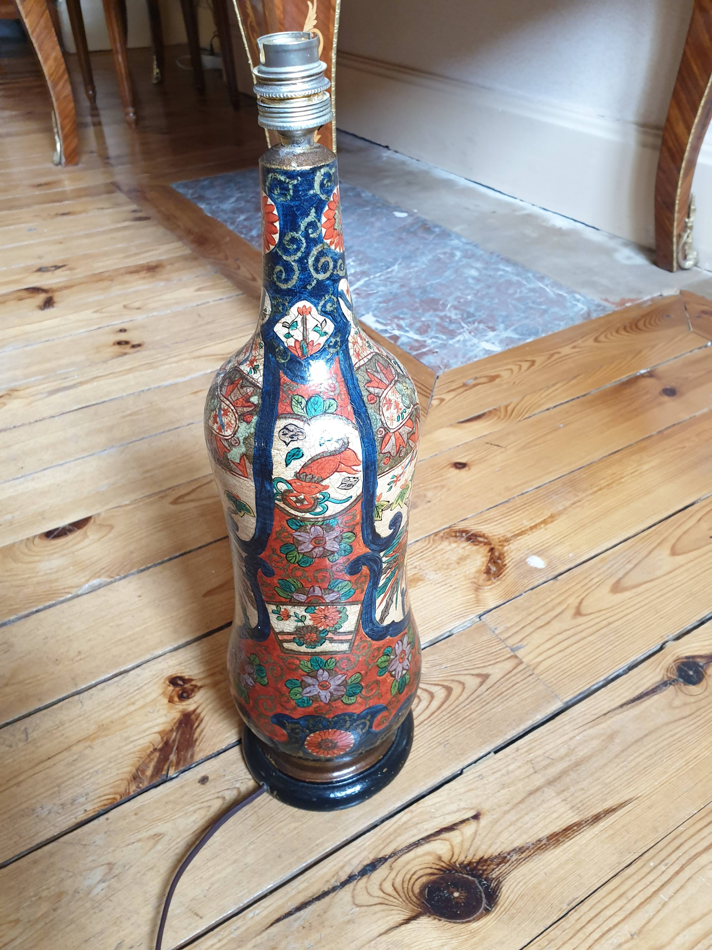 Multicolored painted wooden lamp with floral and animal decoration