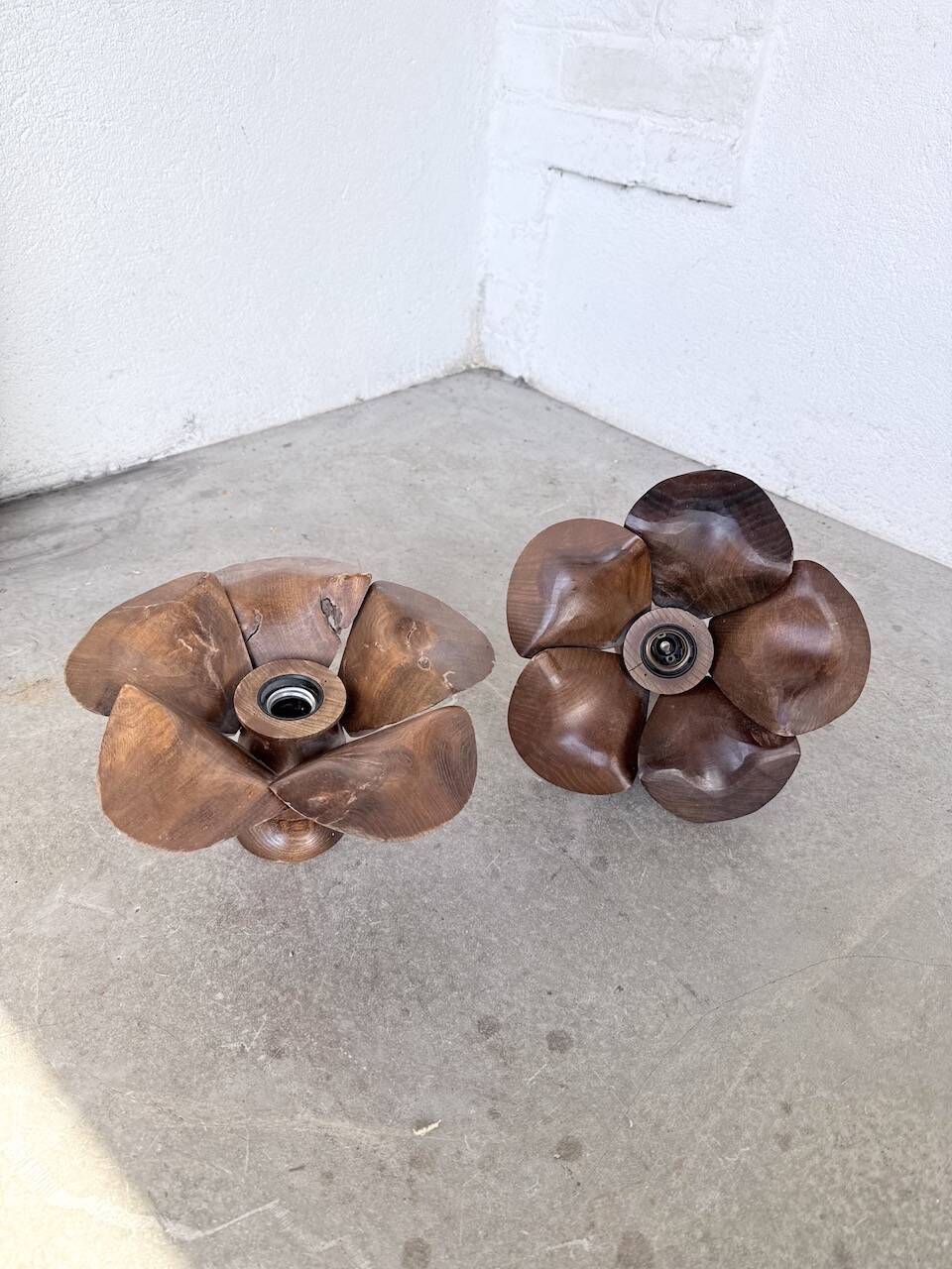 Pair of wooden flower wall lights from the 1970s.