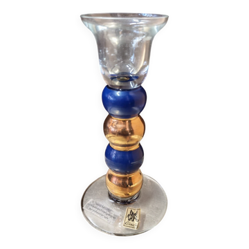 Bougeoir post moderne en verre bleu cobalt ,or style Memphis 
