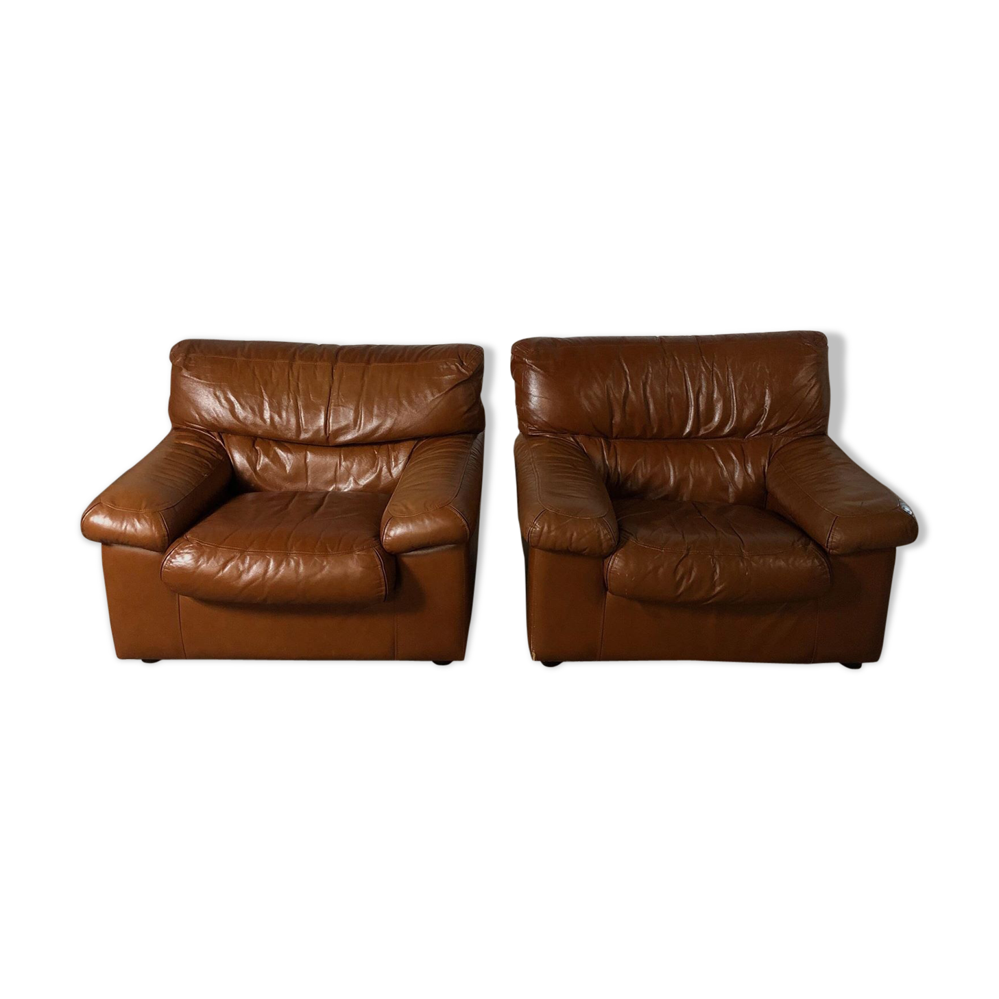 Pair camel leather armchairs